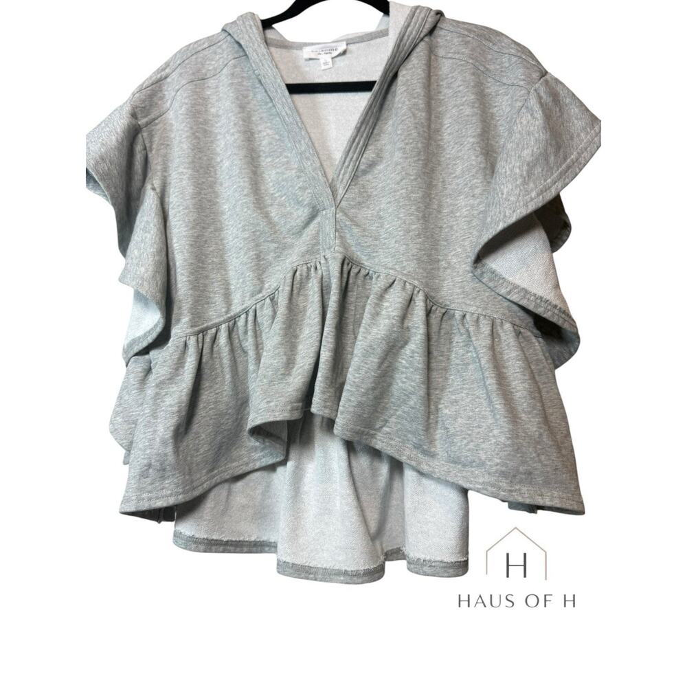 Eesome Gray Ruffle Tunic Hoodie Short Sleeve Pullover V-Neck Size L